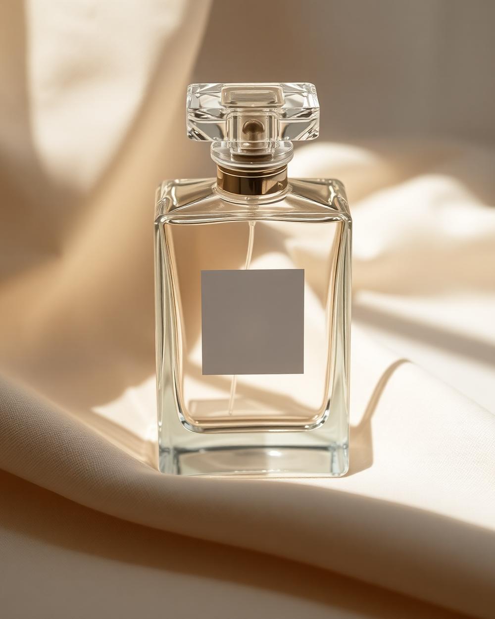 Frasco de perfume em vidro transparente sobre tecido cru com luz natural
