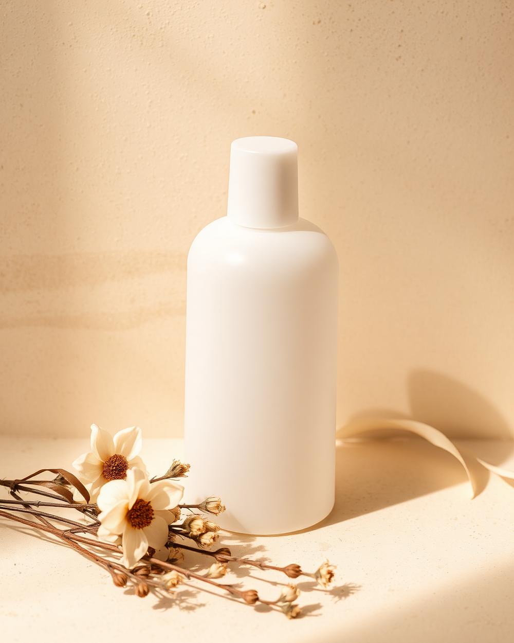Frasco de perfume fosco ao lado de flores secas sobre superfície bege